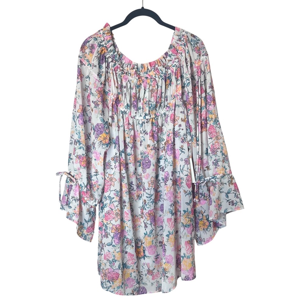 Tularosa Brogan Floral Off The‎ Shoulder Bell Sleeve Mini Dress XL White Pink - Picture 2 of 7